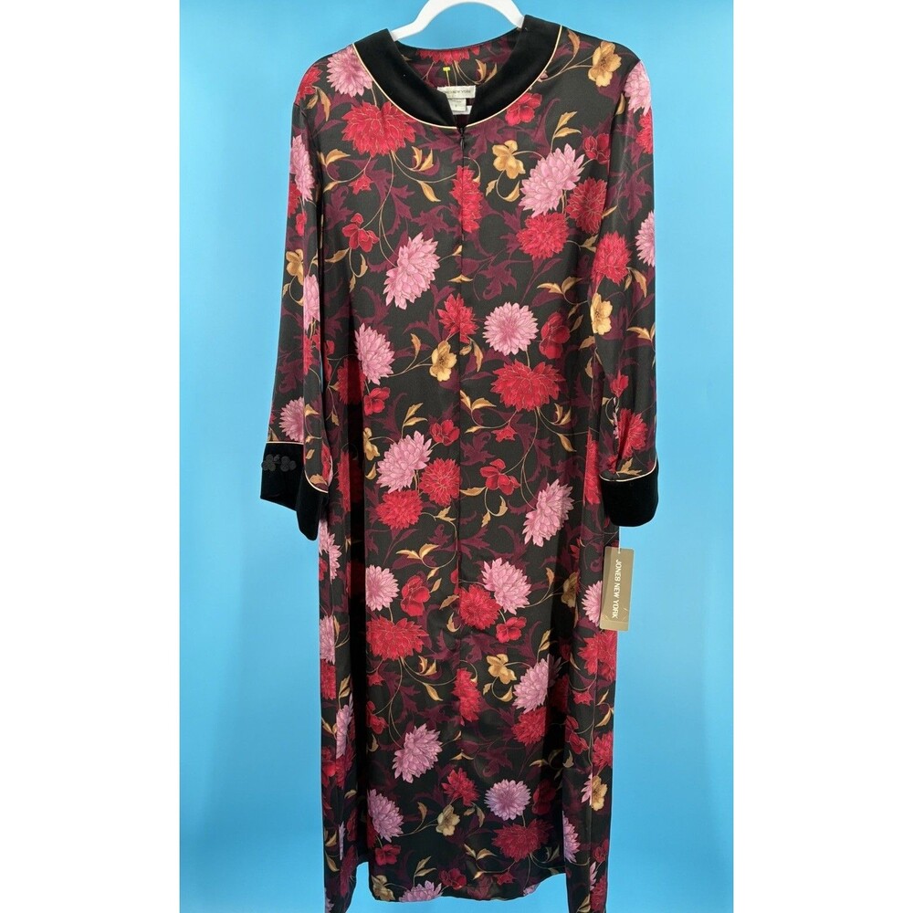 Jones New York NWT Floral Zip Front Duster Robe Womens S Long Black Pink VTG